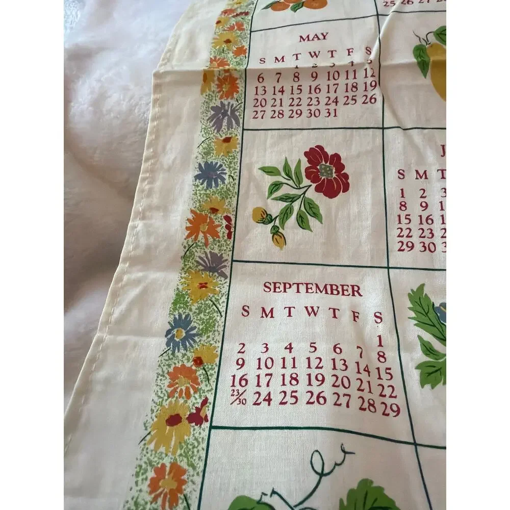 Vintage 2001 Calendar Tea Towel Flowers Fruit Linen Kitchen Wall Hanging Decor
